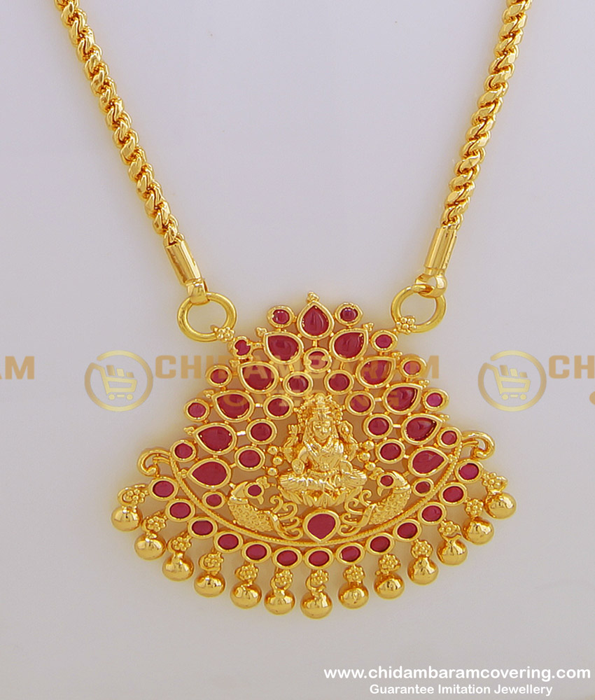 DCHN119 - Beautiful Latest Full Stone Lakshmi Devi Pendant with Long Thali Saradu Chain for Women 