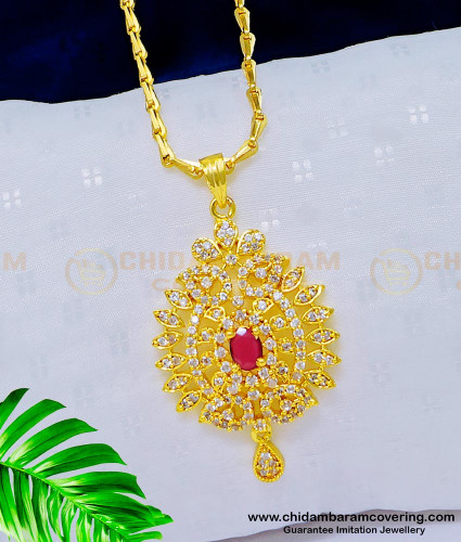 DCHN162 - Unique White and Ruby Stone Pendant Chain Gold Design Buy Online 