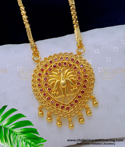 DCHN184 - One Gram Gold Peacock Model Ruby Pendant with Chain Design for Female 