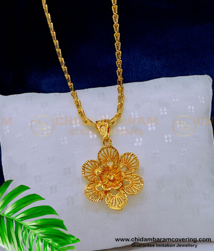 DCHN190 - Elegant Flower Pendant Gold Design with Long Chain Buy Online 