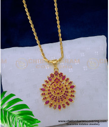 DCHN194 - Elegant Full American Diamond Ruby Pendant with Long Chain for Ladies