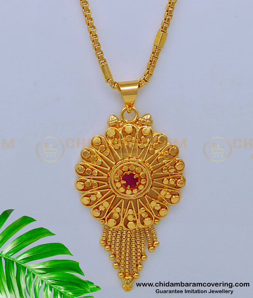 One Gram Gold Ruby Stone Flower Pendant with Long Chain for Ladies 