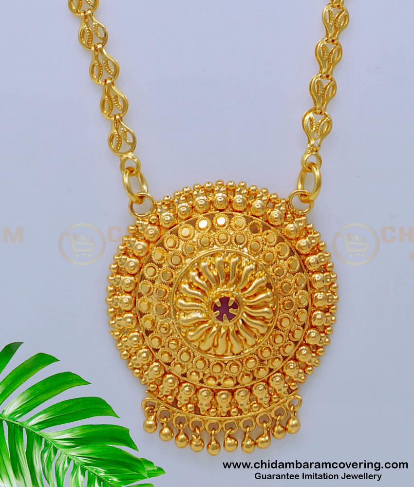 Traditional Design Ruby Stone Round Pendant with Long Chain 