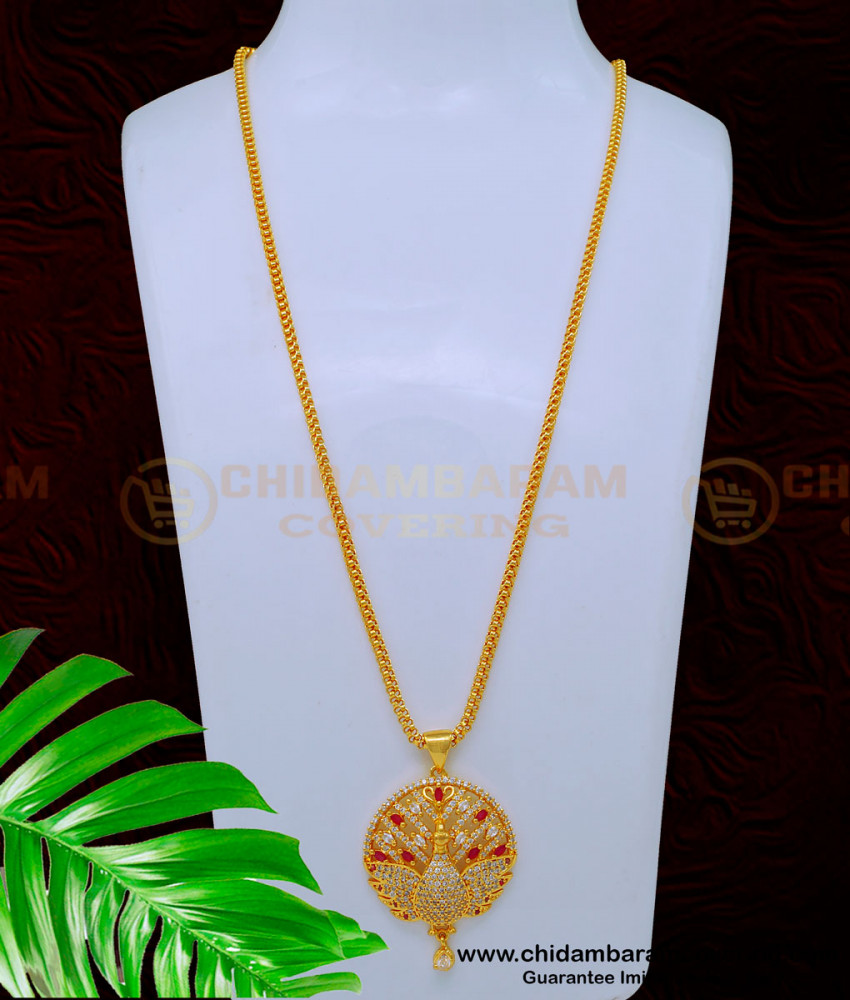 American Diamond Stone Peacock Gold Pendant with Long Chain 