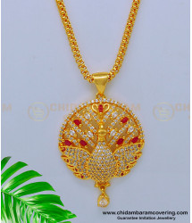 DCHN208 - American Diamond Stone Peacock Gold Pendant with Long Chain 