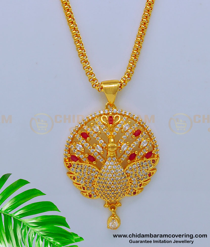 American Diamond Stone Peacock Gold Pendant with Long Chain 