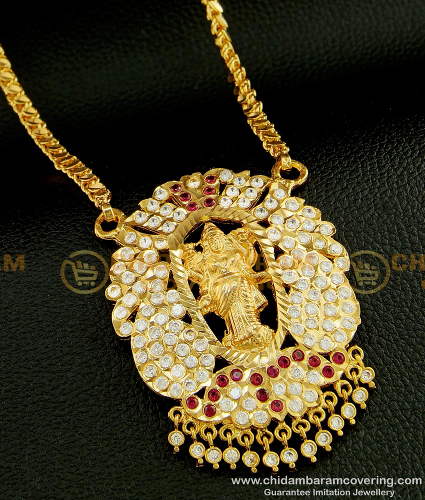 DLR072 - Traditional Impon Ad Stone Lakshmi Dollar With 24 Inches Long Chain Gold Plated Jewellery
