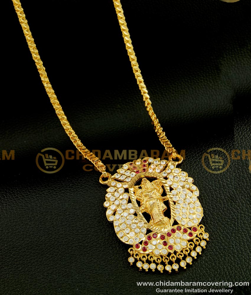 DLR072 - Traditional Impon Ad Stone Lakshmi Dollar With 24 Inches Long Chain Gold Plated Jewellery