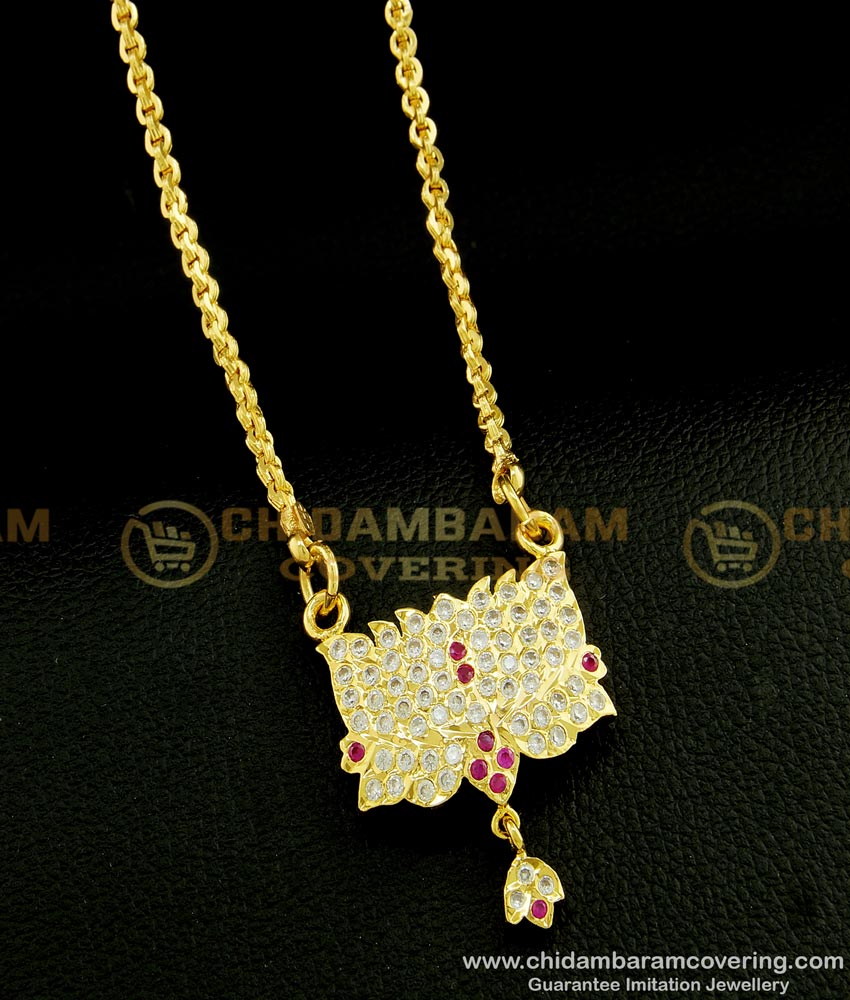DLR078 - Beautiful Impon Locket One Gram Gold White and Pink Stone Lotus Design Impon Dollar Chain Online
