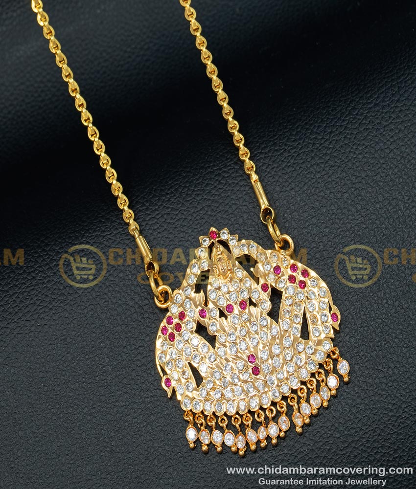 gajalakshmi dollar chain, gajalakshmi locket, impon white stone jewellery, 