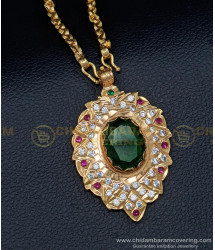 DLR107 - Impon Green Stone Big Dollar with Chain One Gram Gold Five Metal Jewellery