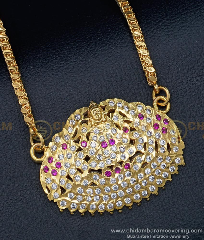 gajalakshmi dollar chain, gajalakshmi locket, impon white stone jewellery,impon 5 metal jewellery, panchologam jewellery, dollar chain,  