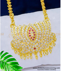 DLR128 - Traditional Big Gold Pendant Design Impon Louts Flower White and Ruby Stone Dollar Chain Online 