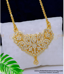 DLR173 - Traditional Gold Design White Stone Pendant Chain Gold Plated Impon Jewellery 