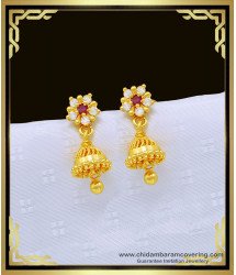ERG1009 - Traditional South Indian White and Ruby Ad Stone Small Jhumkas Design Jimiki for Girls