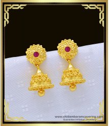 ERG1010 - Stunning Gold Daily Wear Single Ruby Stone Solid Jhumkas Design One Gram Gold Jewelry