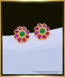 ERG1065 - Attractive Pink and Green Kemp Stone Ear Studs Designs Gold Plated Jewellery