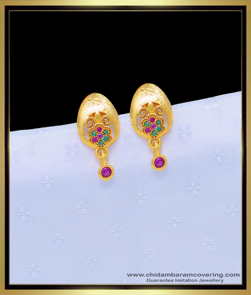 one gram gold earrings, stone earrings, gold plated earring, new model earrings, 1 gram gold jewellery, one gram gold jewellery, multi stone earring, small earrings,