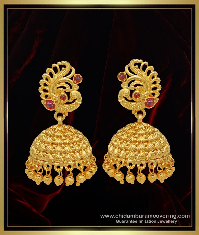 big jhumkas, designer jewellery, latest gold buttalu design, telugu puttau design, temple jhumkas earring, one gram gold jewellery online, nagas jhumkas,