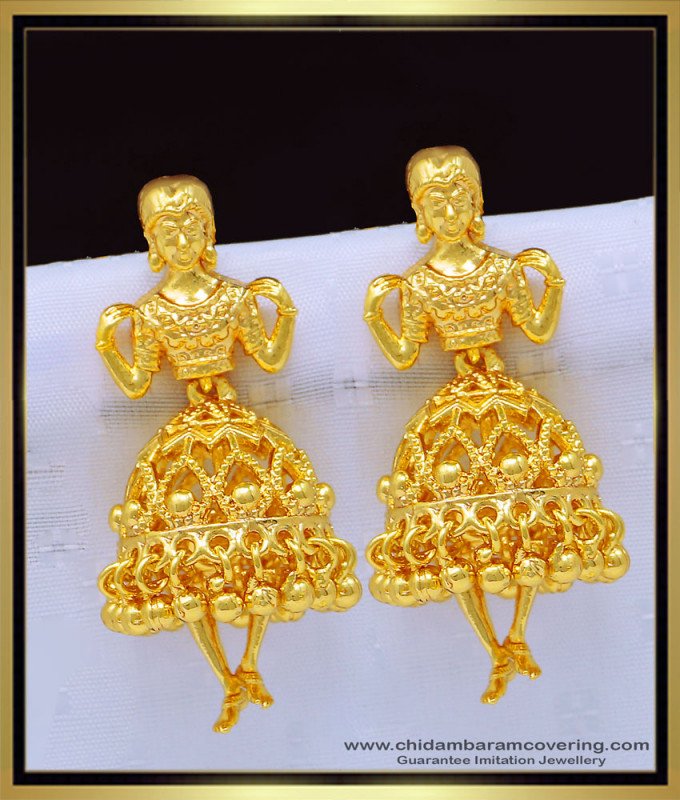 Dancing Doll Earrings, butta bomma design earring, chidambaram gold covering, butta bomma jhumkas, jimiki kammal, jimiki, thodu, puttalu design, gold covering jhumkas, one gram jewellery, 