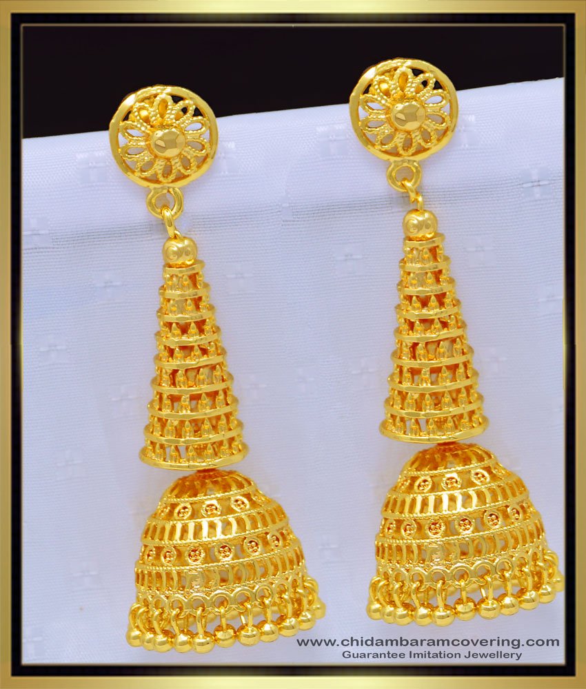 one gram gold jhumkas design, cone earrings, long jhumkas, big jhumkas, long jimiki, 