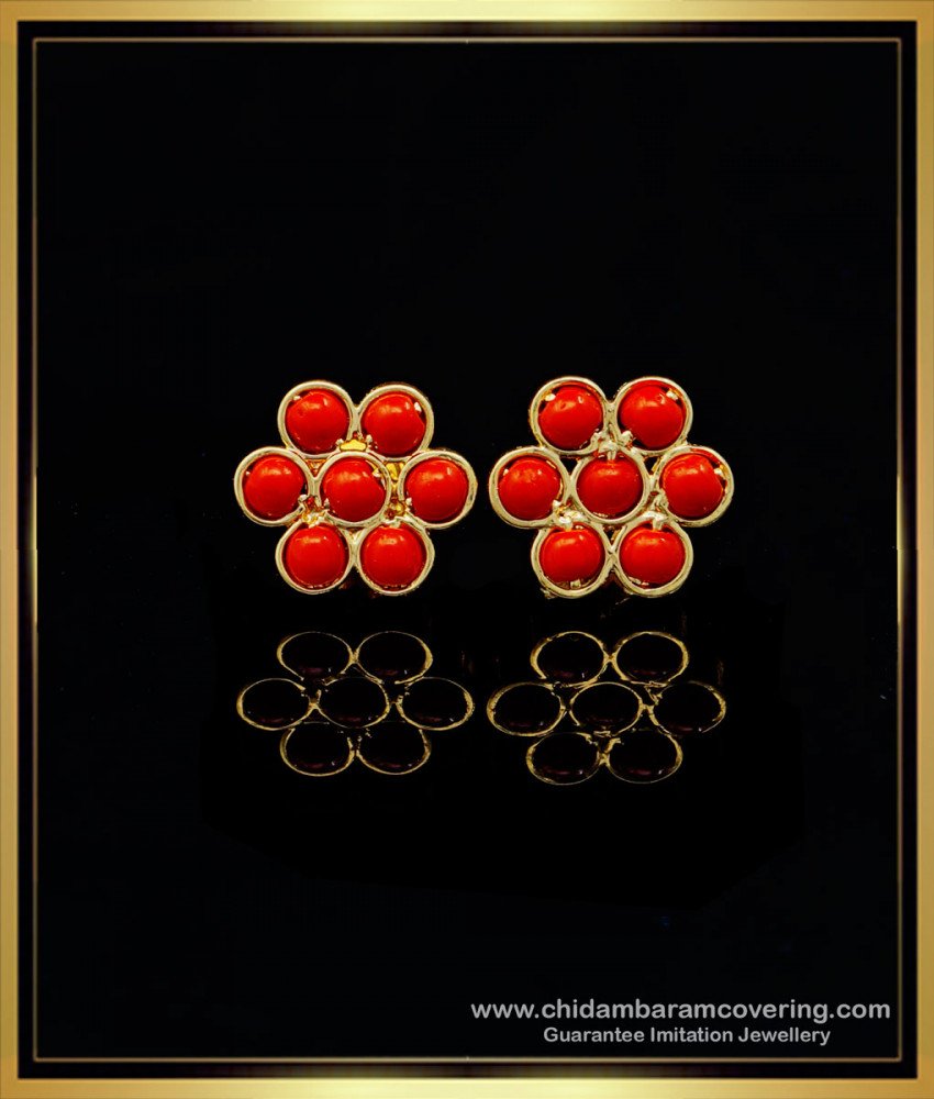 one gram gold jewellery, 1 gram gold jewelry, gold plated jewellery, stud earrings, red coral earrings gold, guaranteed earrings, chidambaram covering.com,  