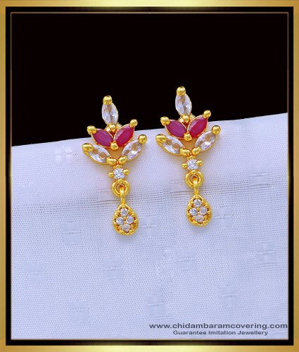 ERG1205 - One Gram Gold White and Ruby Stone Office Wear Earrings for Women 