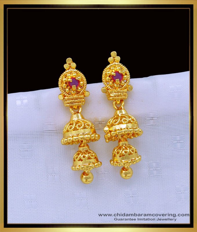 1 gram gold jewellery, gold plated jewellery, one gram gold earrings, 2 layer jhumkas, light weight earrings, earrings buy low price, stone earrings, 
