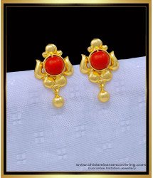 ERG1242 - One Gram Gold Red Coral Stud Earring Pavazham Kammal Model for Women
