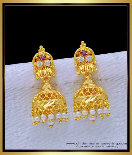 ERG1261 - Attractive Pearl Jhumkas Earrings One Gram Gold Muthu Thodu South Indian 