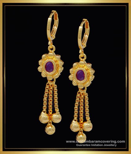 ERG1267 - Latest Flower Design Ruby Stone Gold Plated Hoop Earrings for Girls 