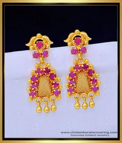 Buy Latest Flower Design Ruby Stone Gold Plated Hoop Earrings for Girls