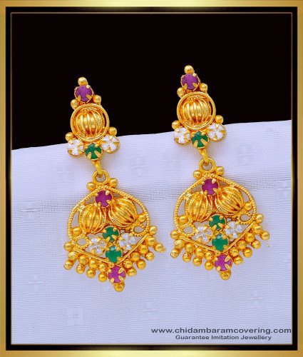 ERG1316 - One Gram Gold Multi Stone Imitation Dangle Earrings for Ladies