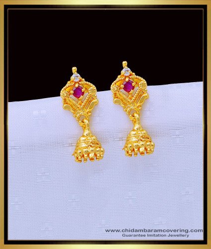 ERG1317 - 1 Gram Gold Daily Wear Small Gold Design Ruby Stone Earrings Online