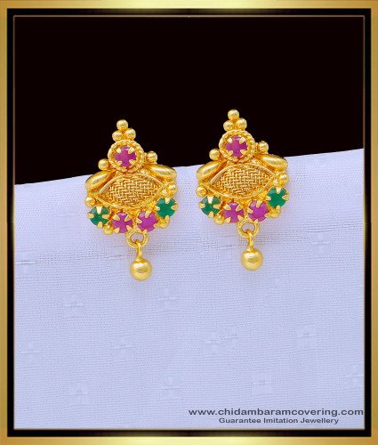 ERG1319 - Beautiful Small Gold Design Ruby Emerald Stone Earrings for Female