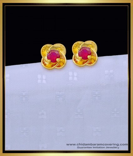 ERG1335 - Attractive Ruby Single Stone Flower Design Earrings Covering Kal Thodu  
