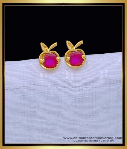 ERG1345 - One Gram Gold Unique Ruby Pink Stone Apple Model Stud Earrings  