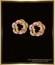 ERG1375 - Unique One Gram Gold White and Ruby Stone Flower Design Hoop Earrings Online 