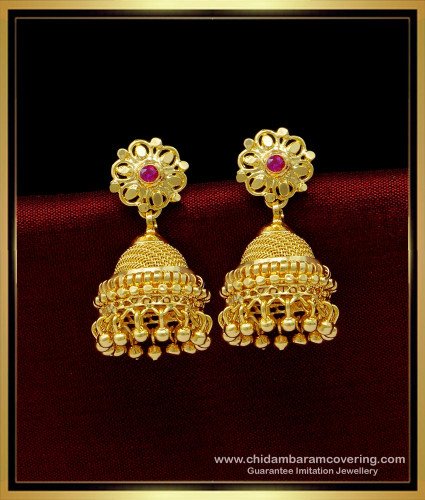 ERG1450 - Traditional Gold Jhumkas Design Single Ruby Stone Bridal Jhumkas Online Shopping