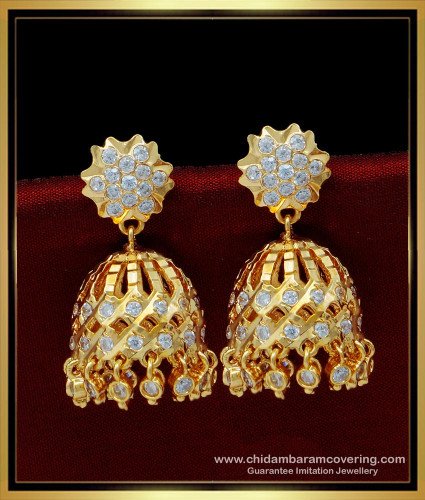 ERG1457 - Beautiful Gold Design White Stone Big Impon Jhumkas Design for Wedding