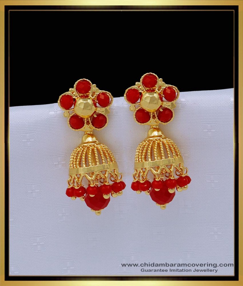 jhumkas with beads online, jhumkas with pearl online, jhumkas jewellery online,  traditional jhumkas online, jhumka earrings, red crystal jhumkas, 