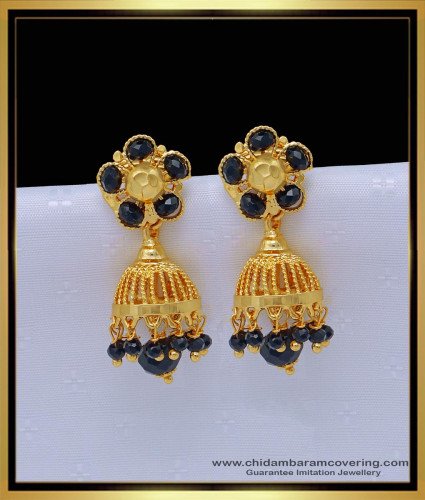 ERG1474 - One Gram Gold Black Crystal South Indian Jhumkas Online Shopping 