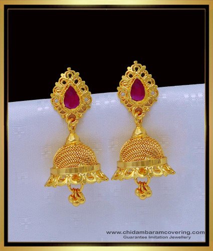 ERG1487 - South Indian Ruby Stone Jhumka Earrings Gold Design for Women 