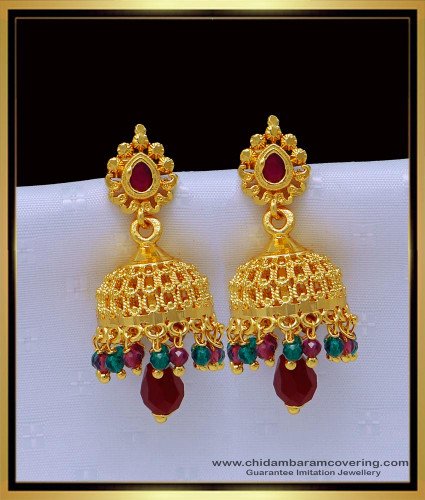ERG1489 - One Gram Gold Plated Crystal with Ruby Stone Jhumkas for Wedding 