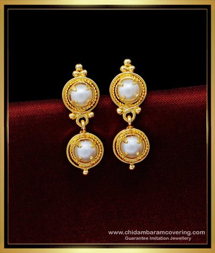 ERG1490 - One Gram Gold Simple Daily Use White Pearl Earrings Design for Women