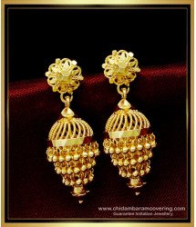 ERG1498 - South Indian Bridal Wear Gold Pattern 3 Layer Jhumka Earrings Design Online