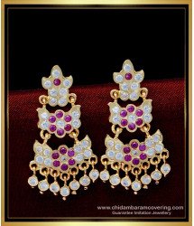 ERG1539 - Traditional Gold Pattern Ruby and White Stone Double Layer Impon Earring Designs