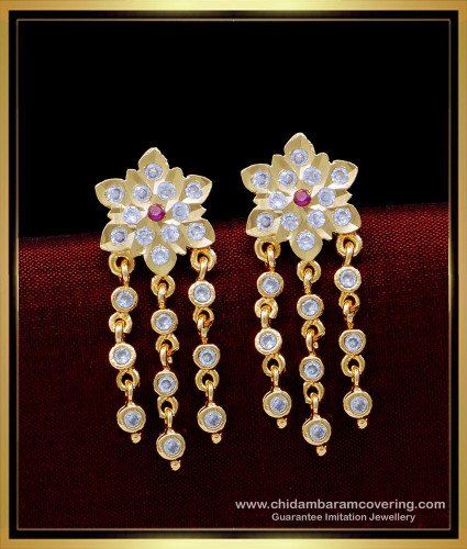 ERG1540 - Impon White Stone Flower Design 3 Line Stone Chain Earrings Designs