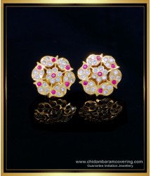 ERG1555 - Impon Five Metal Flower Design White Stone Stud Earrings for Women 