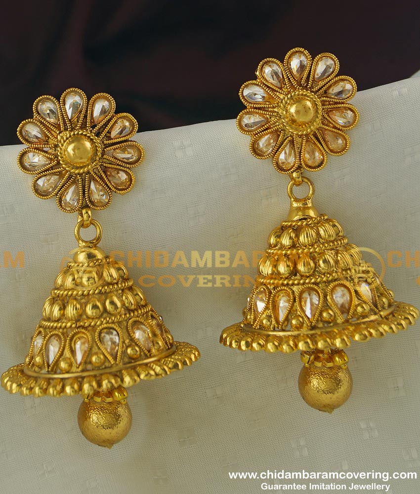 ERG310 - Gold Matte Finish Uncut Diamond Stone Antique Jhumkas Temple Jewellery buy Online